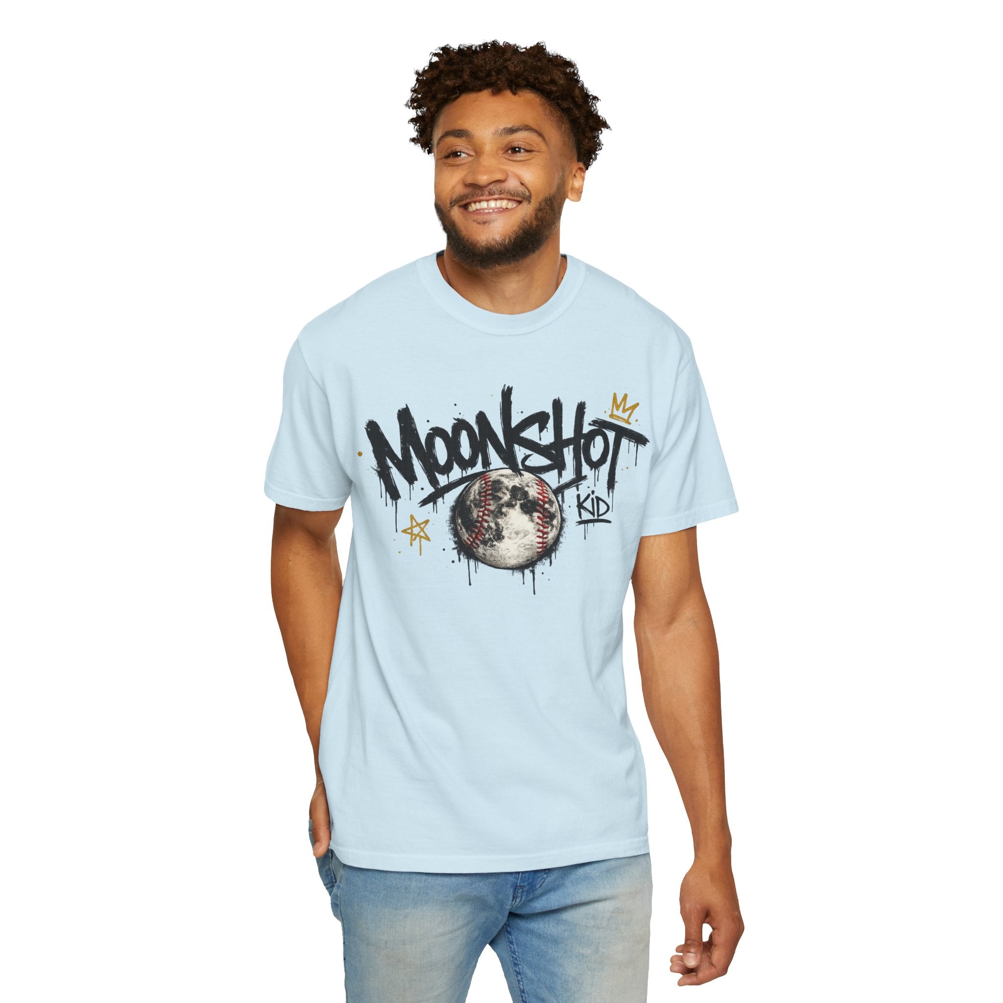 Moonshot Kid Graffiti Tee — DROP 001 | Streetwear Baseball Moon Graphic Shirt