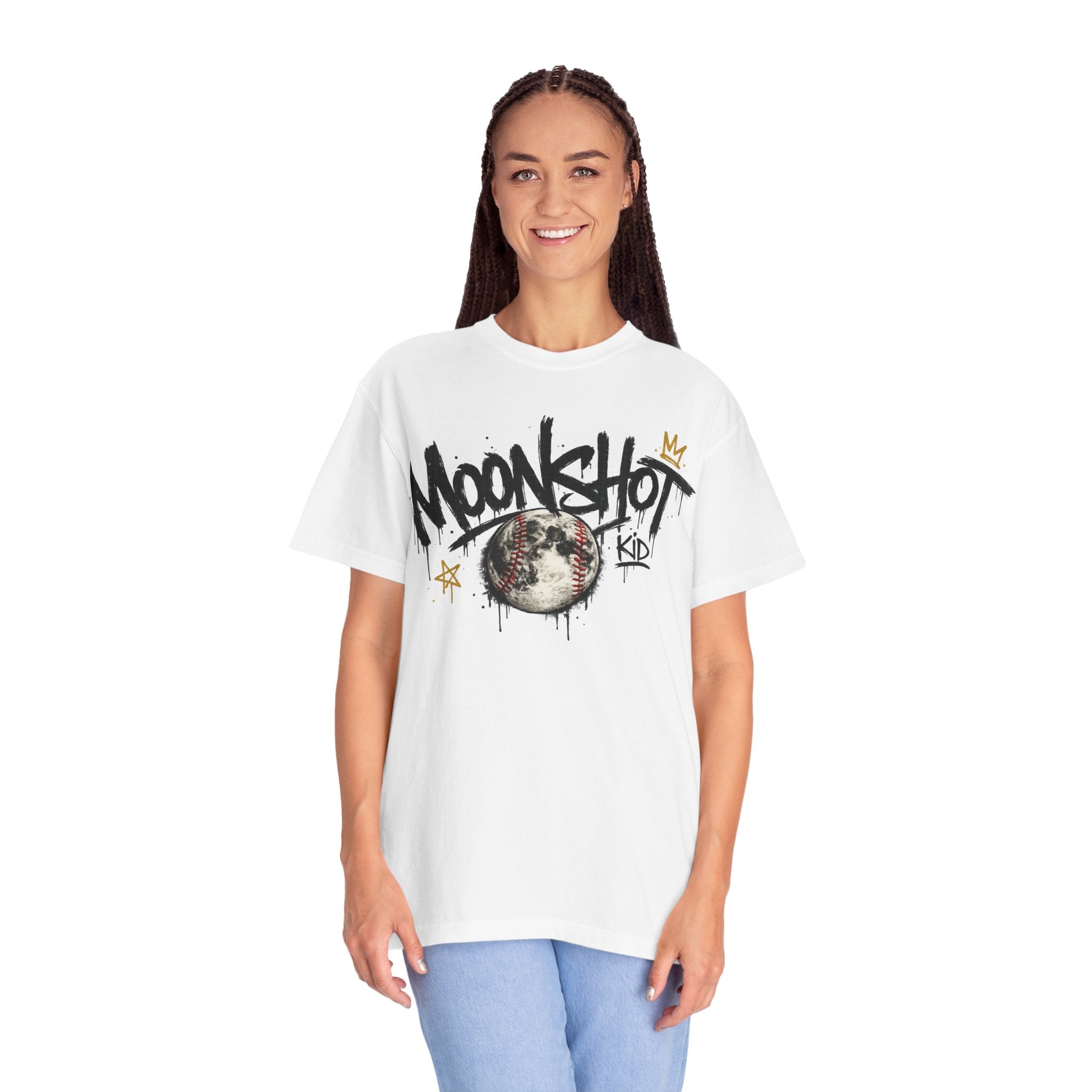 Moonshot Kid Graffiti Tee — DROP 001 | Streetwear Baseball Moon Graphic Shirt