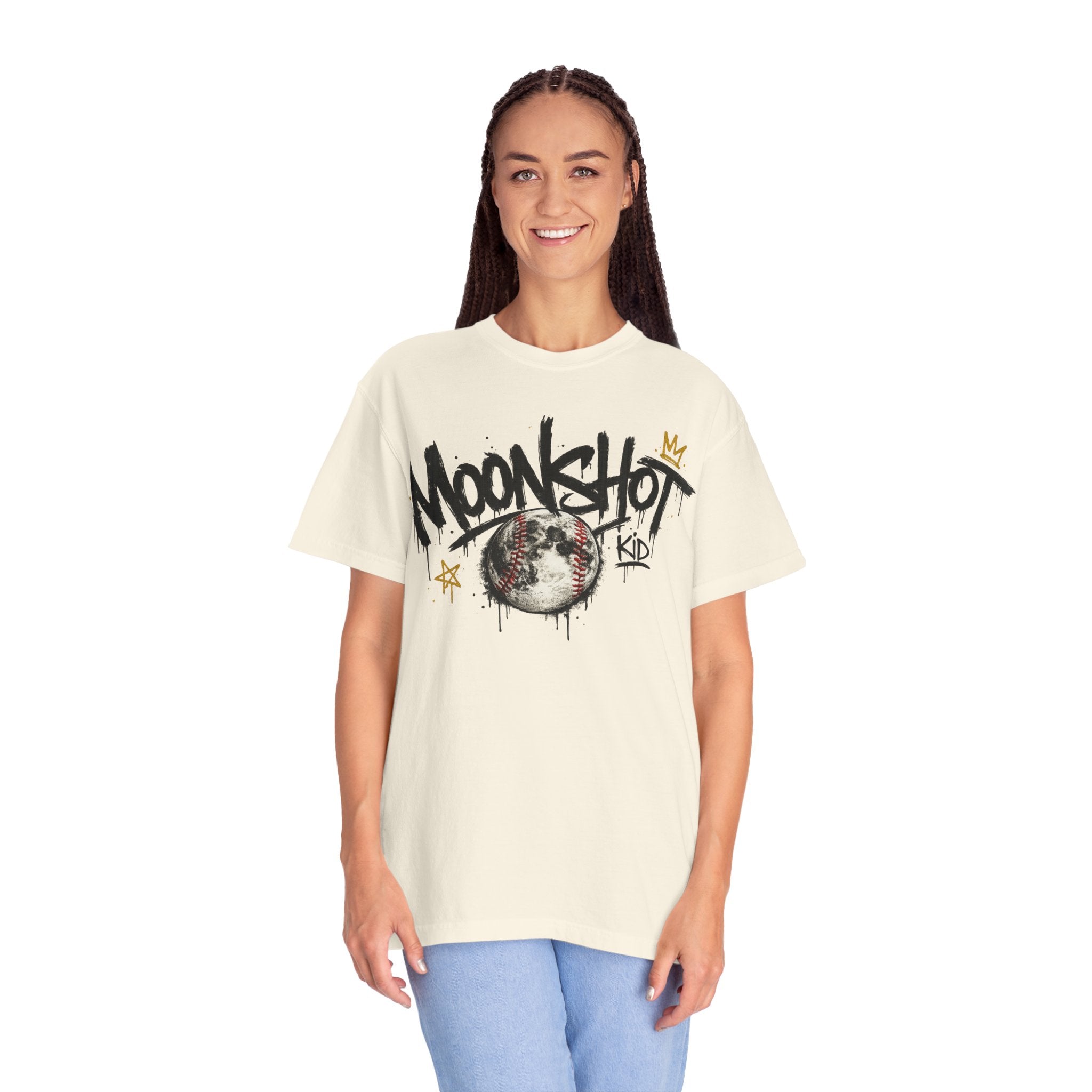 Moonshot Kid Graffiti Tee — DROP 001 | Streetwear Baseball Moon Graphic Shirt