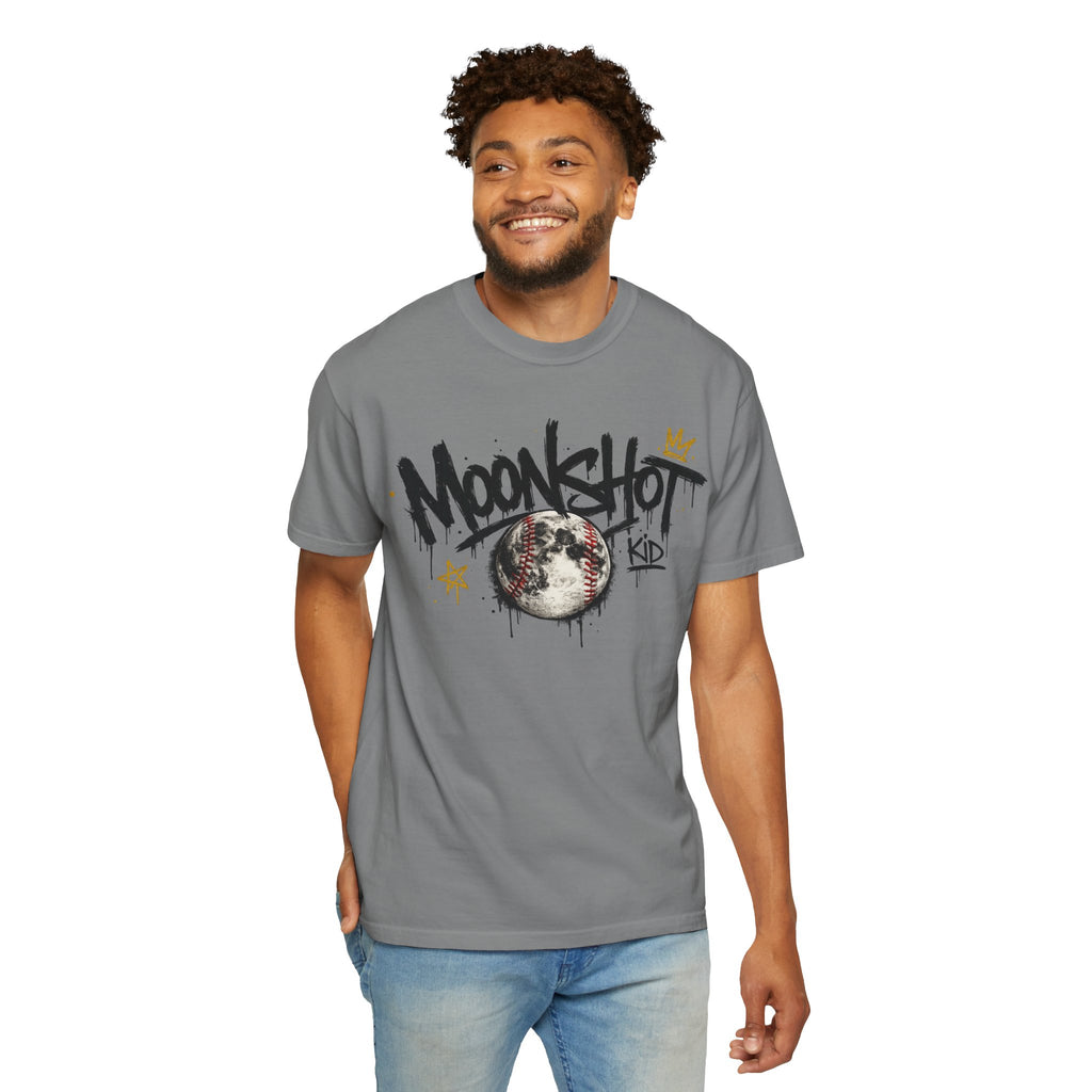 Moonshot Kid Graffiti Tee — DROP 001 | Streetwear Baseball Moon Graphic Shirt