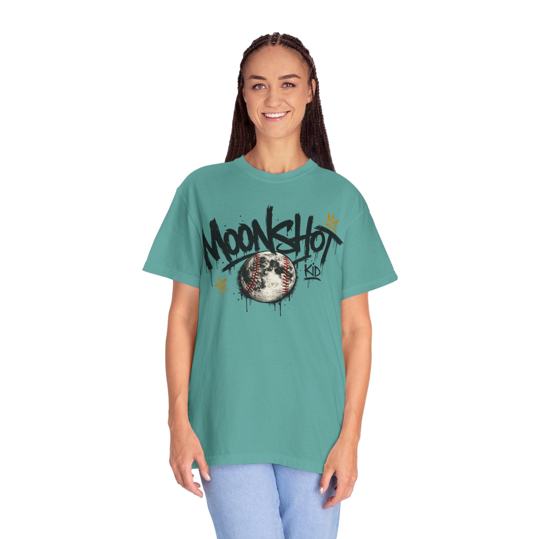 Moonshot Kid Graffiti Tee — DROP 001 | Streetwear Baseball Moon Graphic Shirt