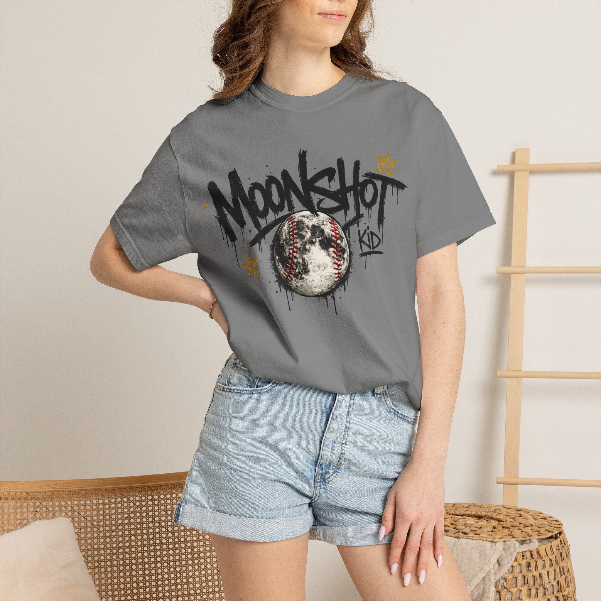 Moonshot Kid Graffiti Tee — DROP 001 | Streetwear Baseball Moon Graphic Shirt