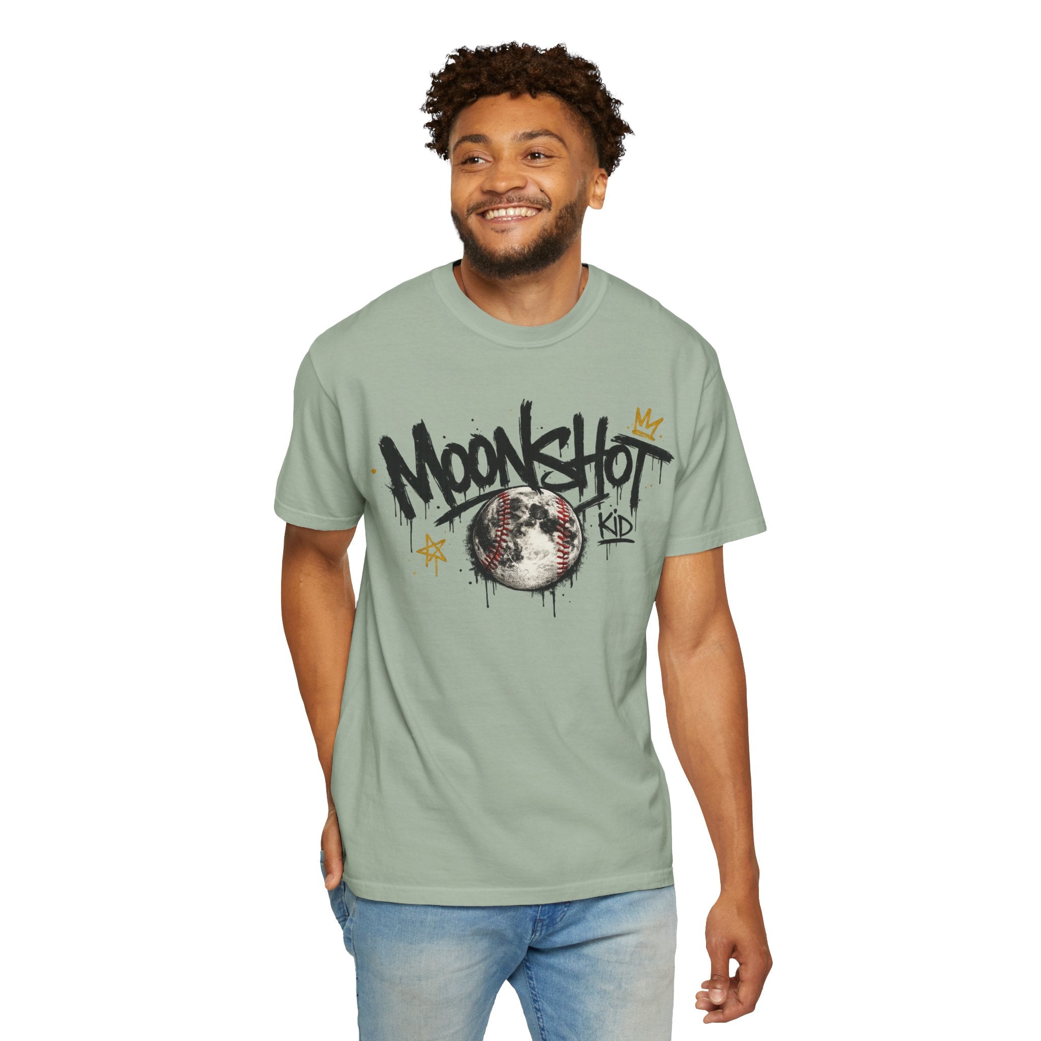 Moonshot Kid Graffiti Tee — DROP 001 | Streetwear Baseball Moon Graphic Shirt