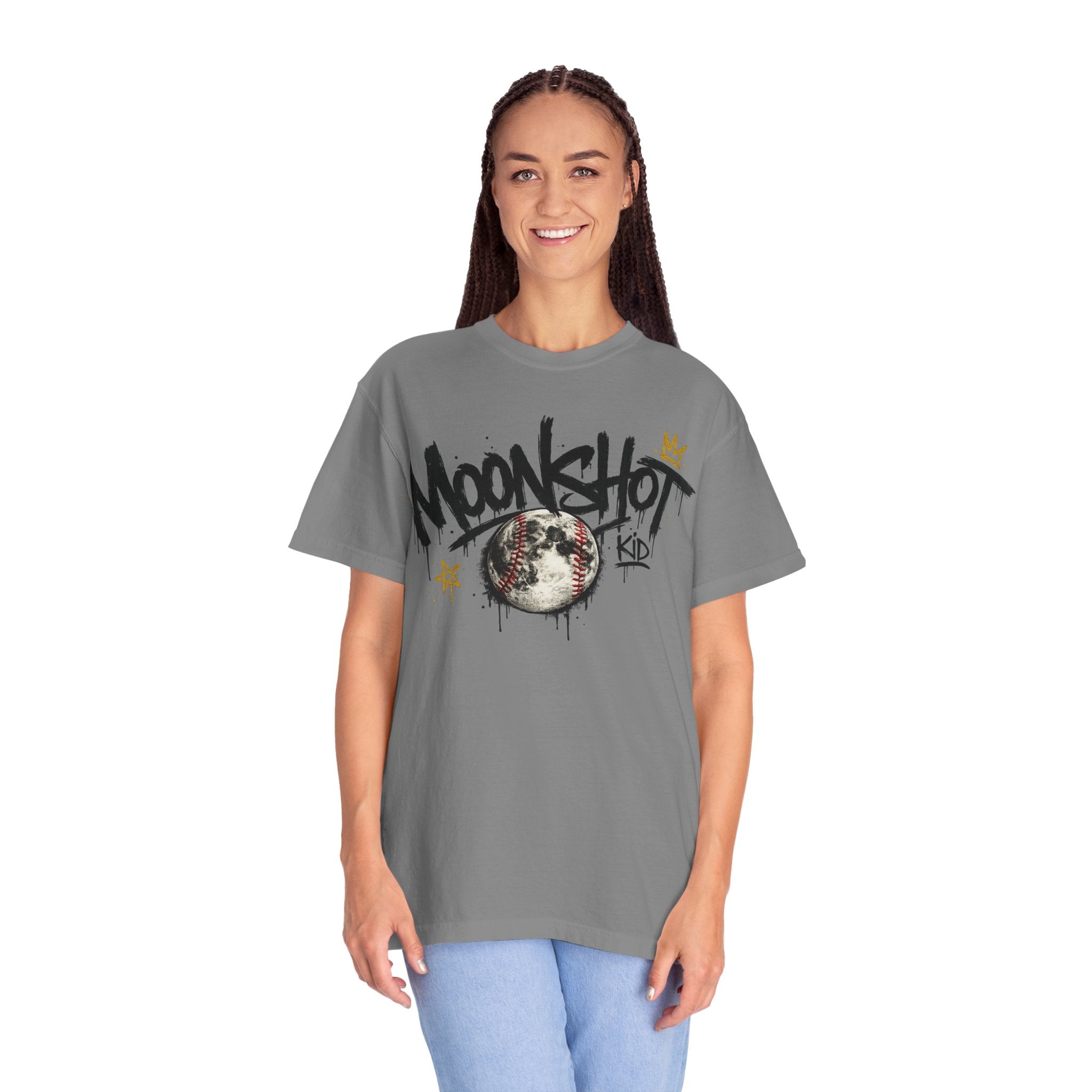 Moonshot Kid Graffiti Tee — DROP 001 | Streetwear Baseball Moon Graphic Shirt