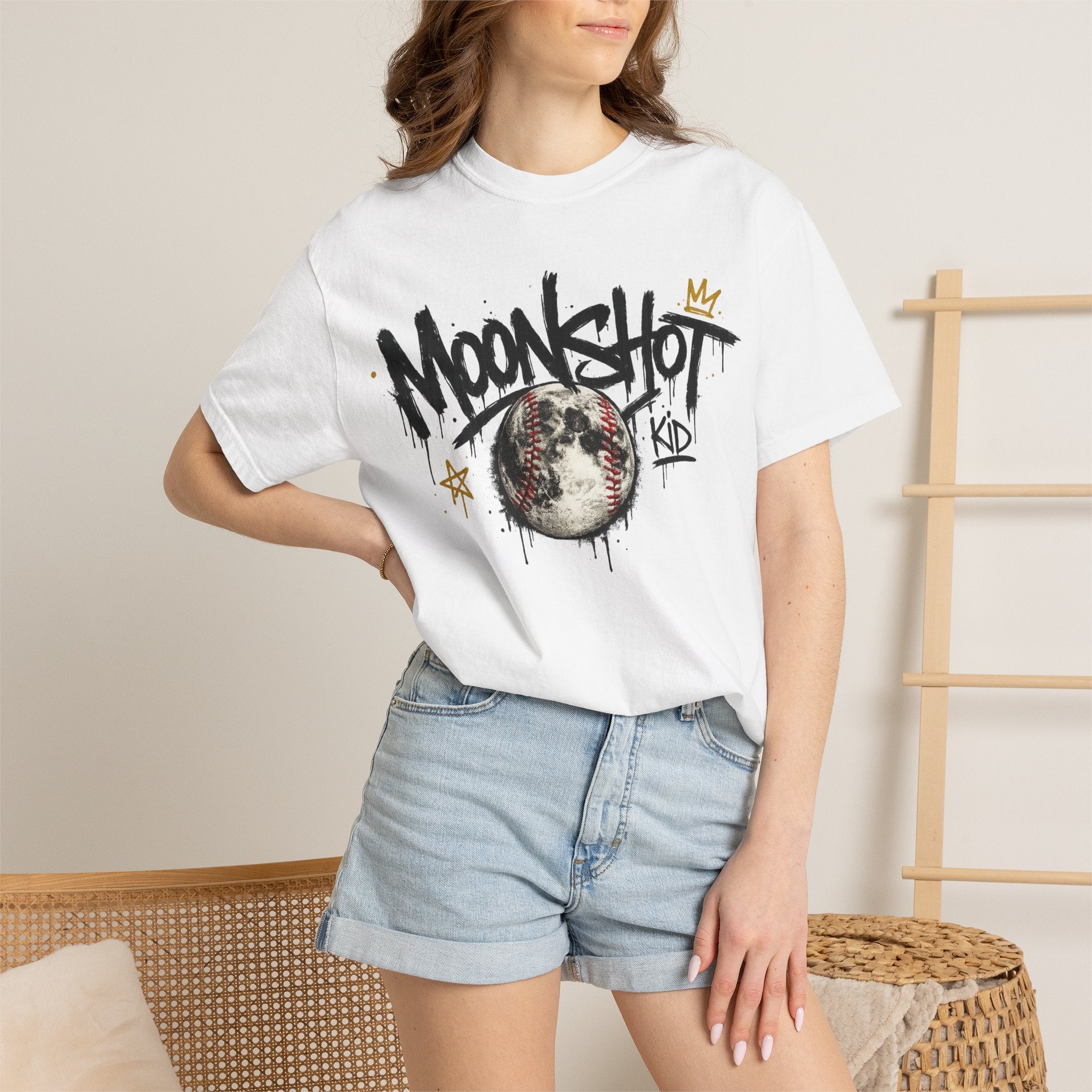 Moonshot Kid Graffiti Tee — DROP 001 | Streetwear Baseball Moon Graphic Shirt