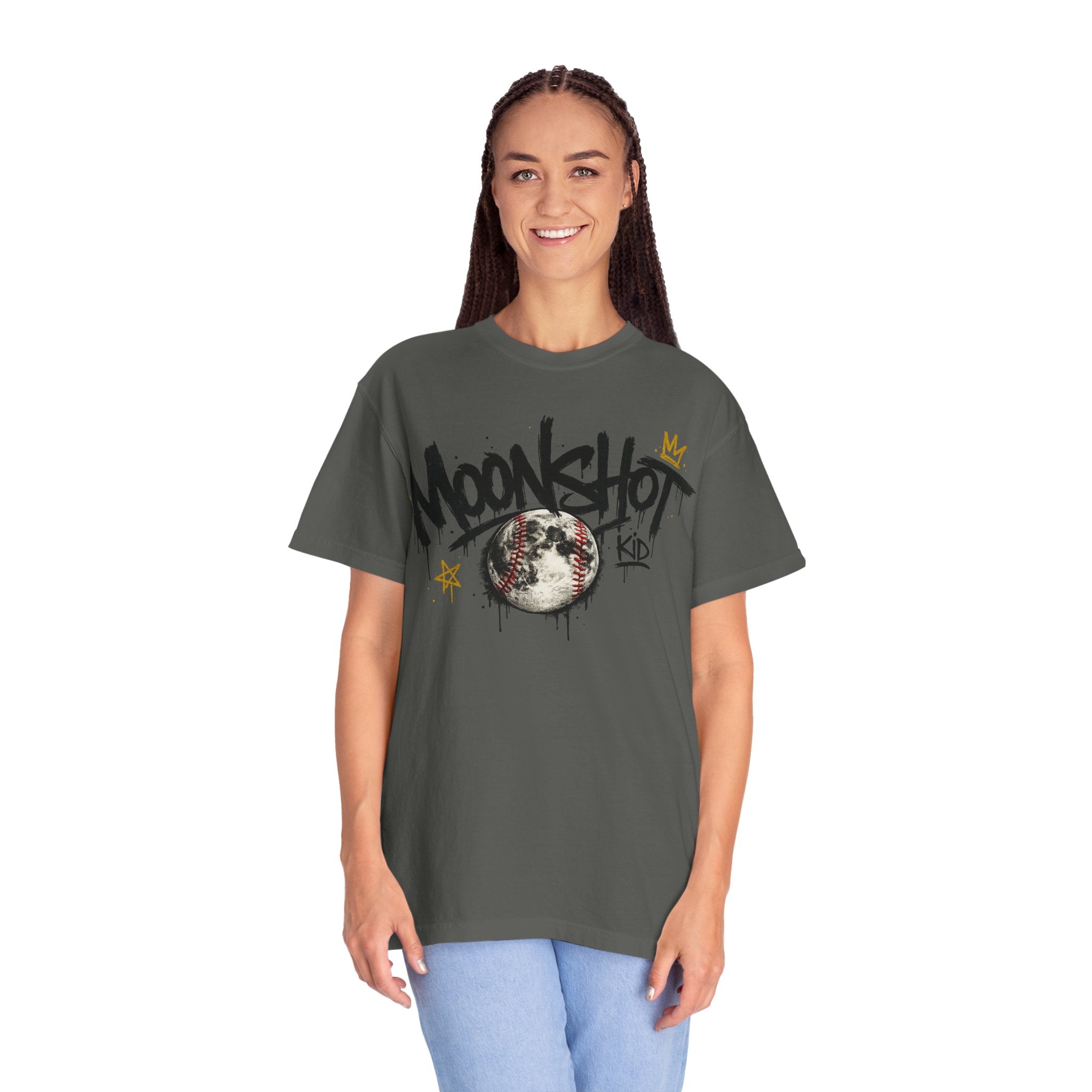 Moonshot Kid Graffiti Tee — DROP 001 | Streetwear Baseball Moon Graphic Shirt